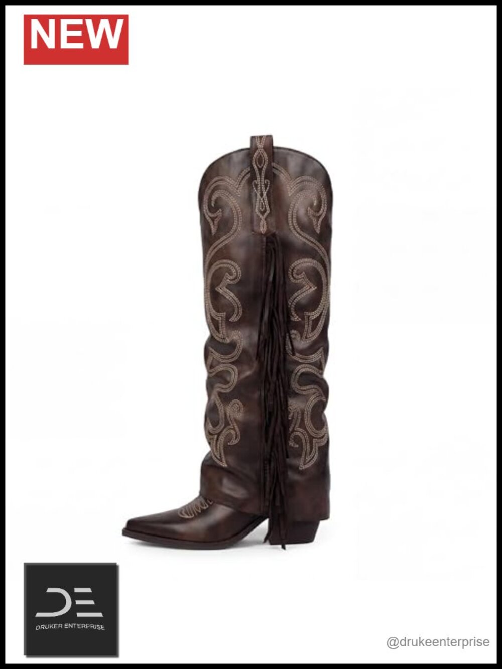 Faux Leather Fold Over Fringe Cowboy Boots Knee High